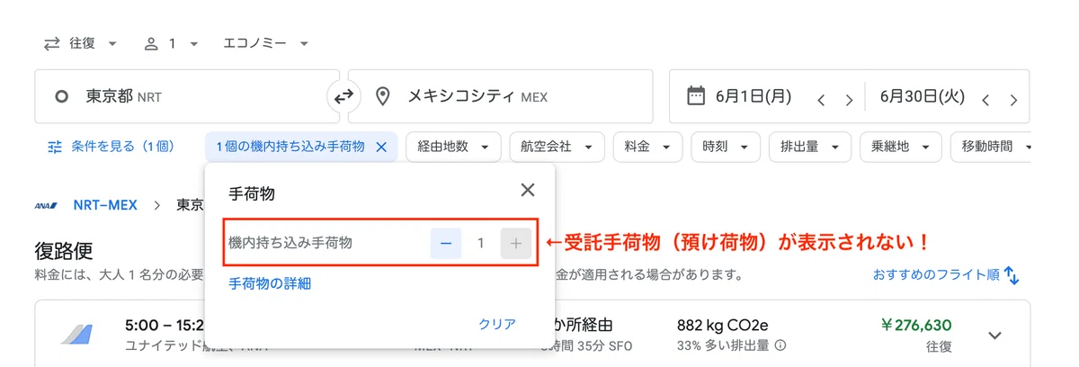 Googleフライトの荷物選択画面