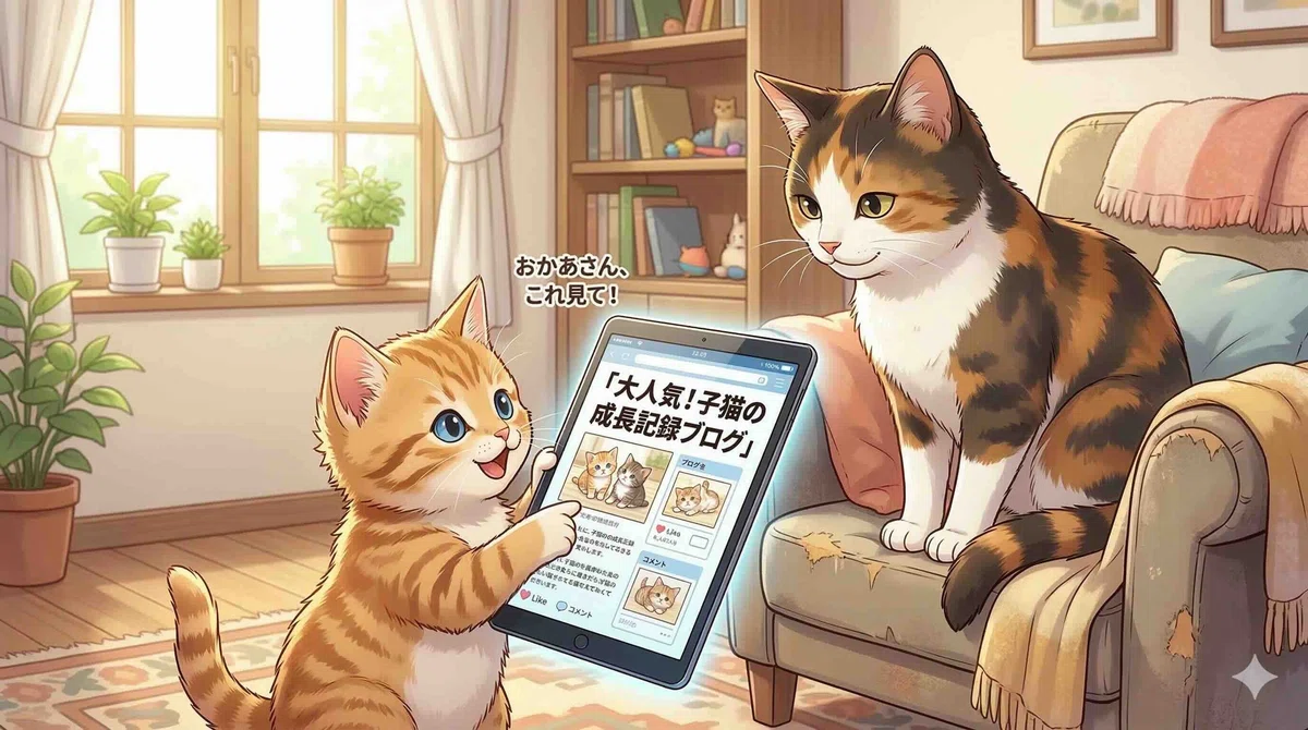 人気なブログ記事を親ネコに紹介する子猫