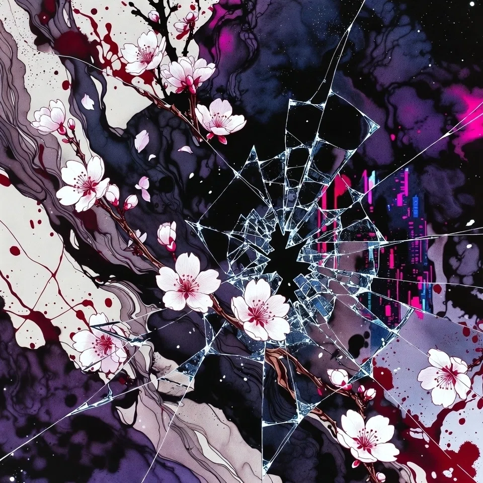 桜の花が咲いた枝とモクモクと流れる雲、煙に、中央付近から衝撃でガラスが放射状に割れたような痕跡が広がり、血潮のようなものが飛び散るダークサイバーパンクアート。