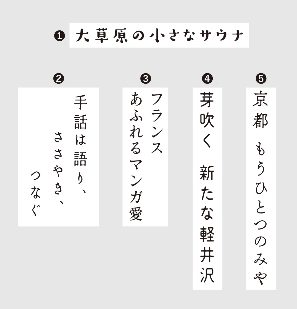 図１　様々なタイトル書体の例（出典：日本経済新聞日曜版「NIKKEI The STYLE」のタイトル文字から）
