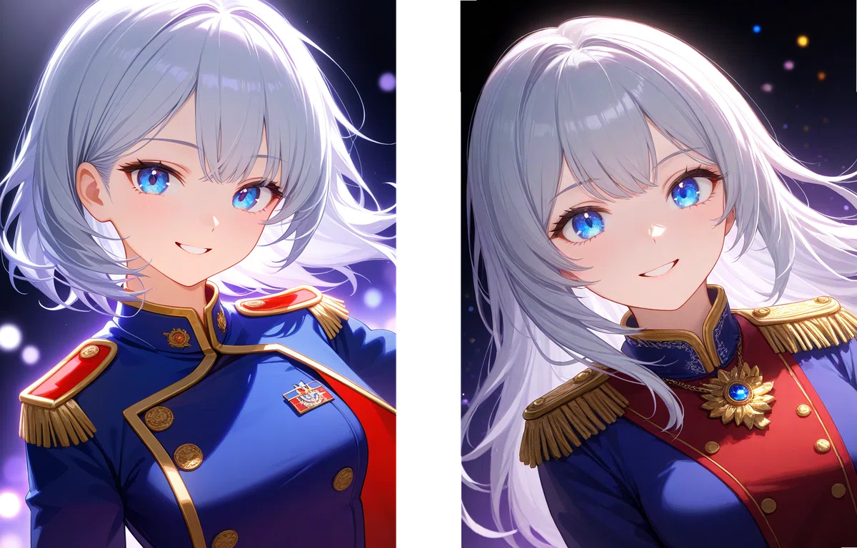 anima_pencil-XL_clear_v2（左）とv1（右）の比較イラスト - 青い制服の女の子。v2は色がより鮮やか