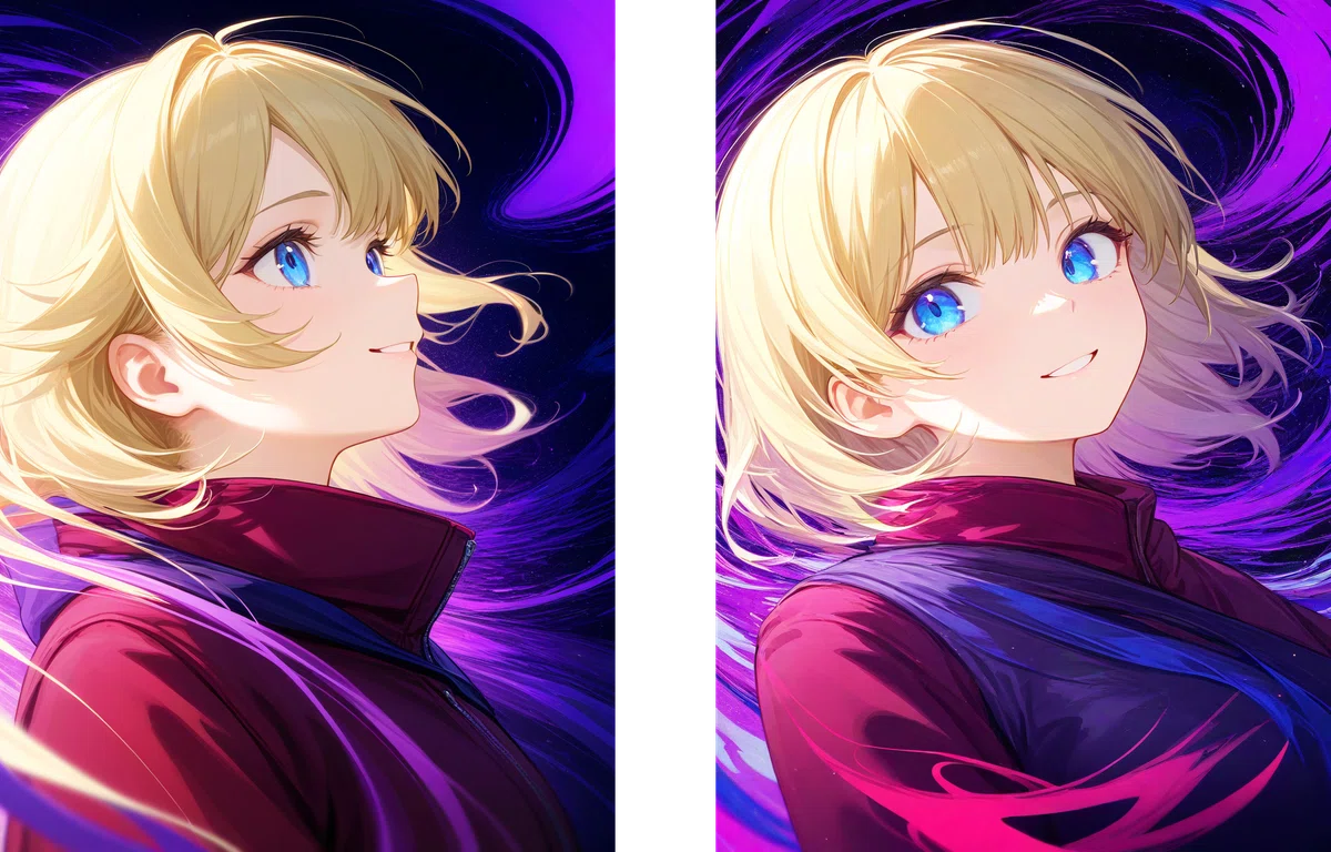 anima_pencil-XL_clear_v2（左）とv1（右）の比較 - 紫のオーラをまとった女の子。すっきりとした自然な色表現