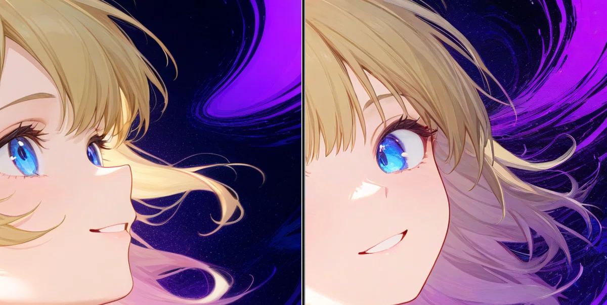 anima_pencil-XL_clear_v2（左）とv1（右）の顔部分拡大比較。v2は色が鮮やかだが背景の描き込みは控えめ