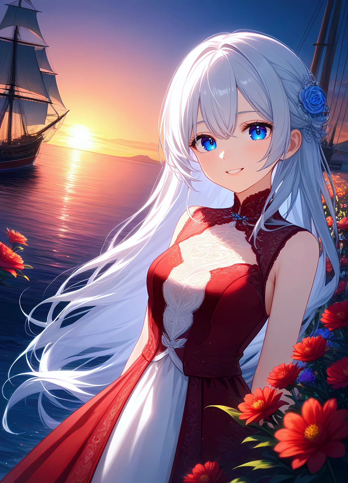anima_pencil-XL_clear_v2 で生成したアニメスタイルの赤と白の服を着た女の子イラスト。柔らかな色表現と丸顔が特徴