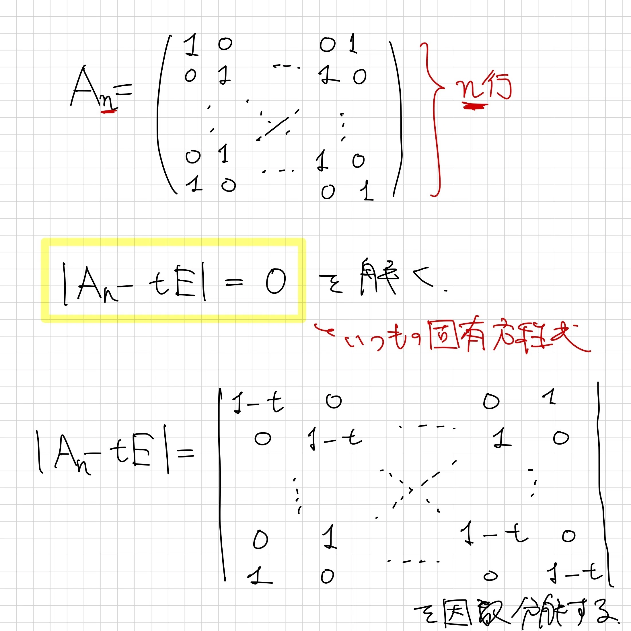 2つの対角線に1が並んだ行列の固有値【わんみん数学メモ】｜わんみん