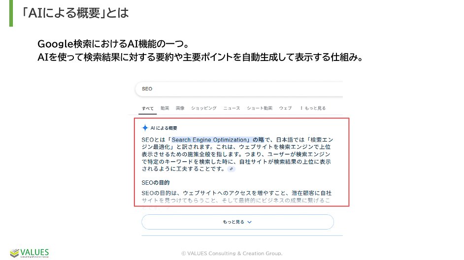 Google検索におけるAI機能の一つ。AIを使って検索結果に対する要約や主要ポイントを自動生成して表示する仕組み