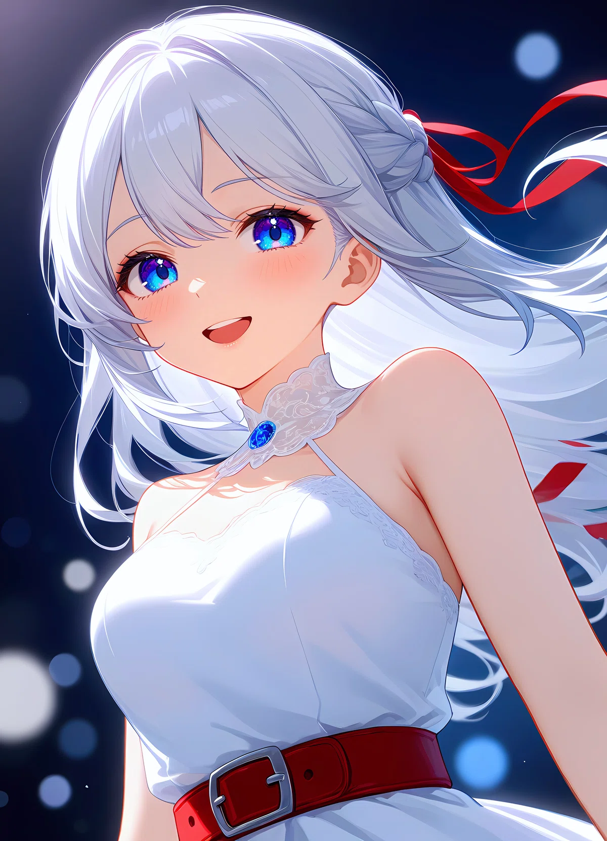 anima_pencil-XL_clear_v2 生成イラスト - 銀髪に白いドレスの女の子。明るい肌色と濃い青と黒と白のボケ背景