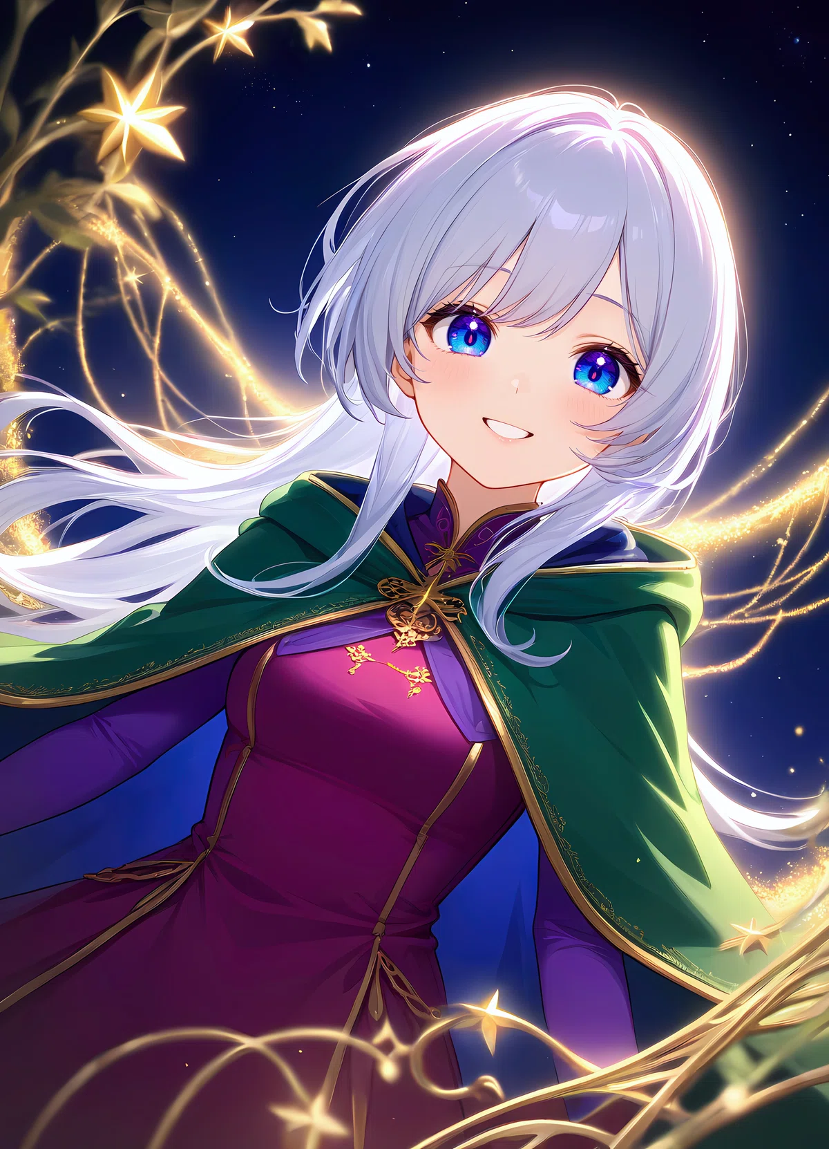 anima_pencil-XL_clear_v2 生成イラスト - 緑のマントを着た銀髪の女の子。星空と黄金の光の魔法的な雰囲気