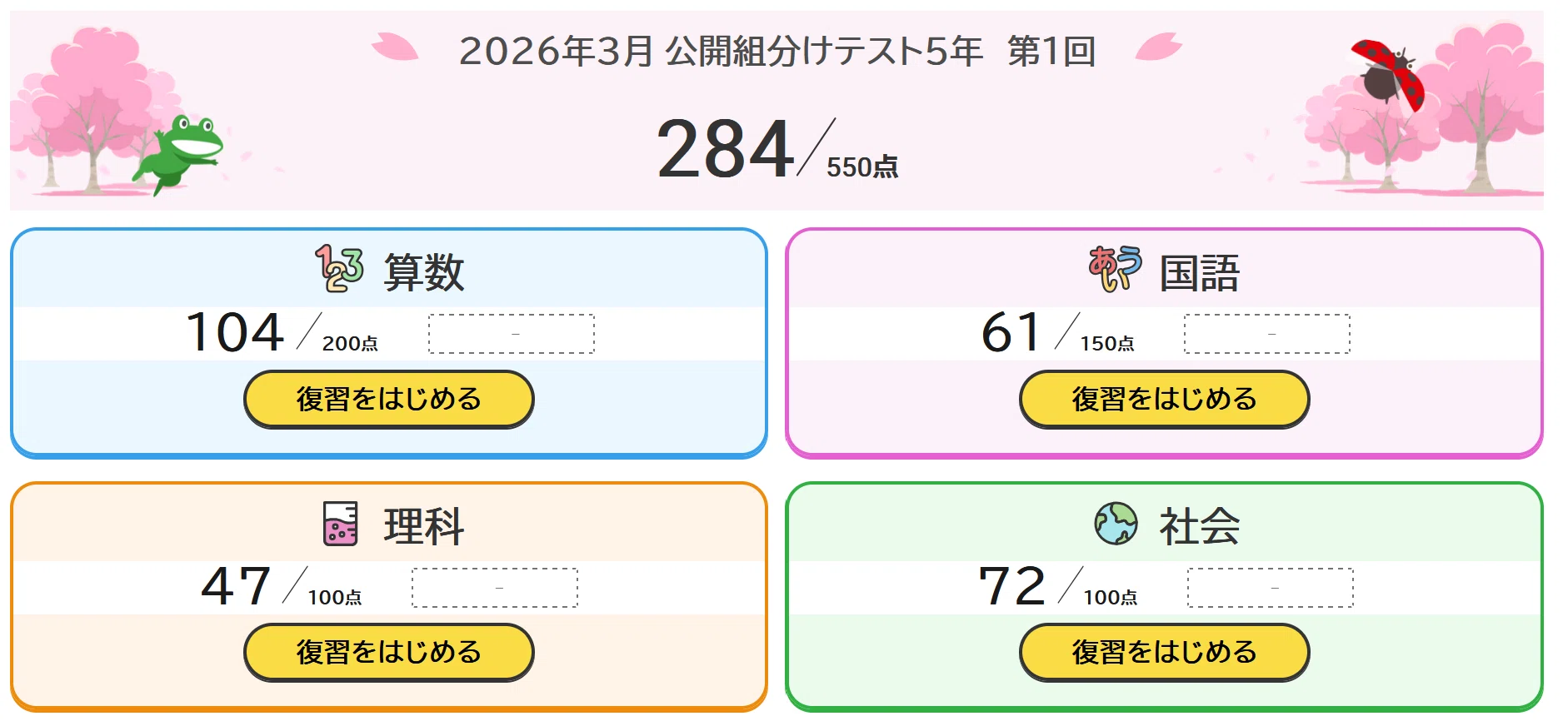 2026年3月 新小5組分けテスト結果 ｜小学校2年生の双子の息子が塾に