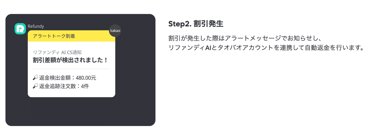 Refundy AIが割引差額を検出した際のアラート通知画面