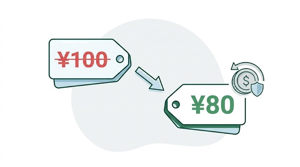 タオバオの割引返金の仕組み：¥100から¥80への値下がりと差額返金のイメージ