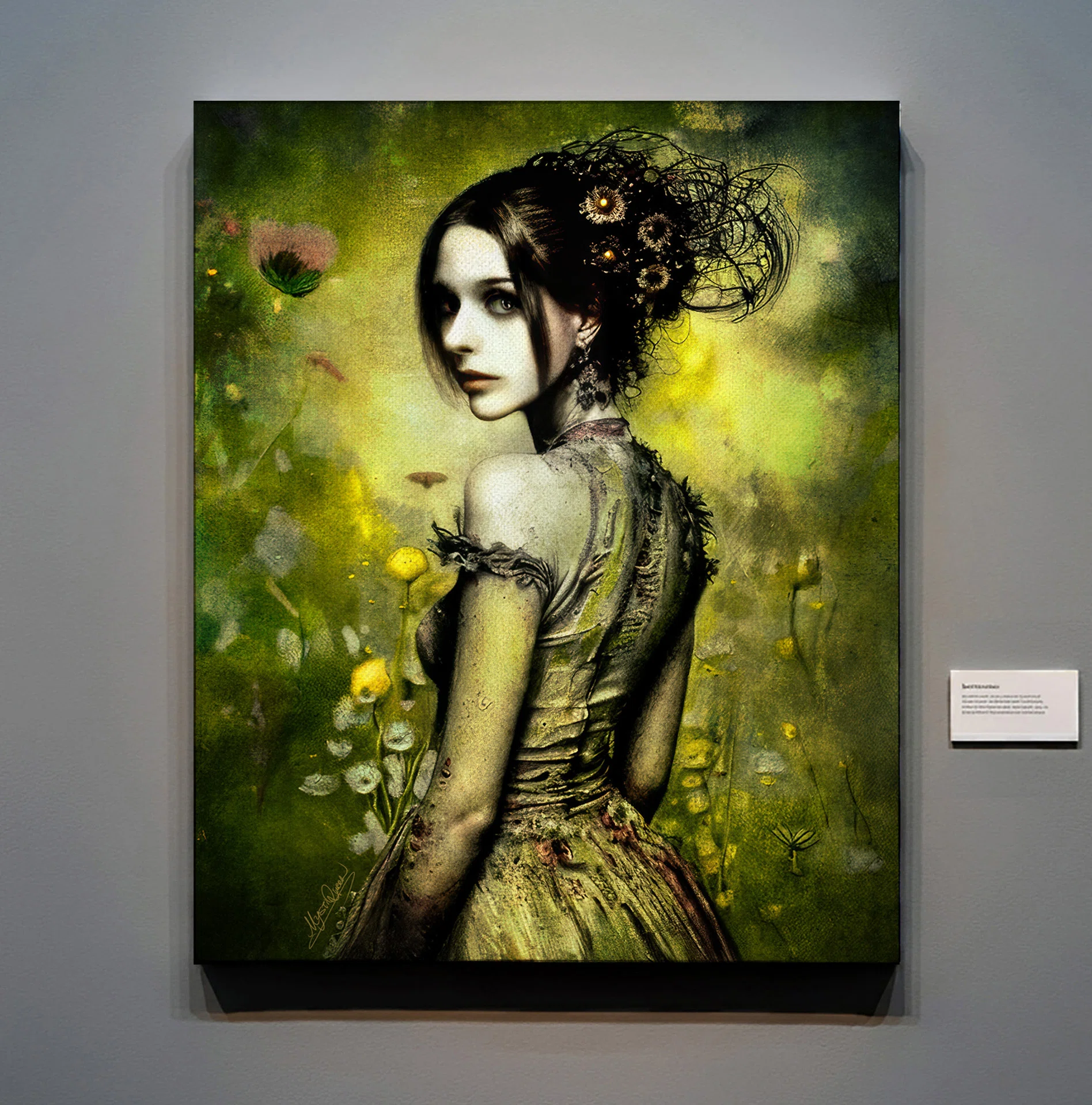 一点物 油絵 緑 女性 黒 キャンバス 作品紹介】🌿 魔法の森と共に――一点物キャンバスアート誕生秘話