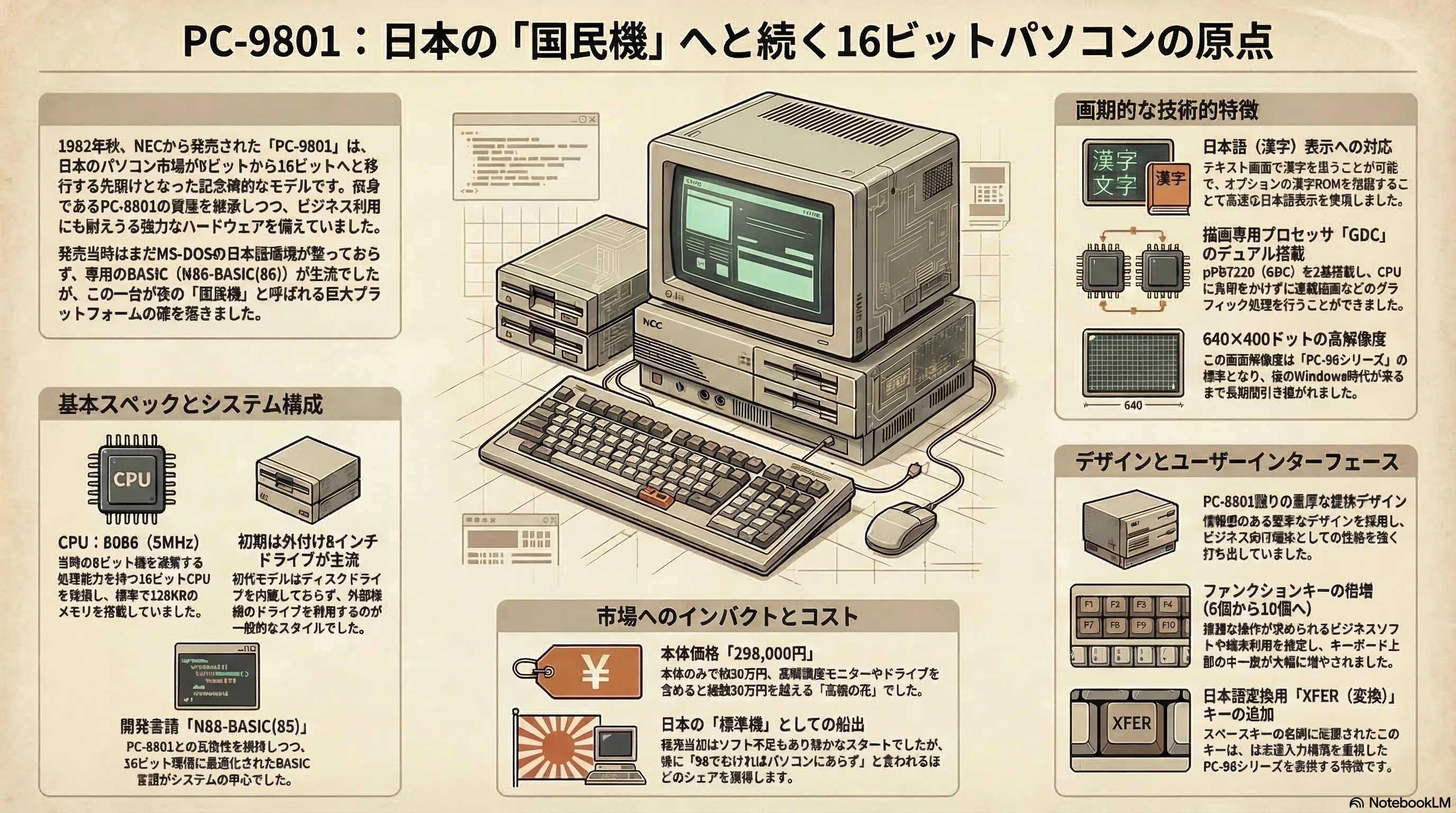 NEC PC-9801VM パーソナルコンピュータ。通電は確認しました。 PC-9801におけるベース機体。それがPC-9801VM、VX！ - 烈鉱石修復工房