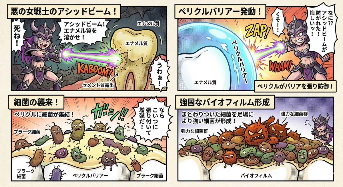 酸から歯を守るぺリクルが形成され、それを足掛かりにバイオフィルムが形成される様子を説明した画像