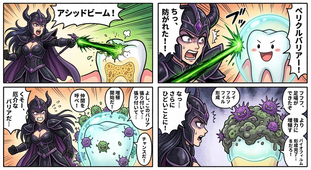 酸から歯を守るぺリクルが形成され、それを足掛かりにバイオフィルムが形成される様子を説明した画像