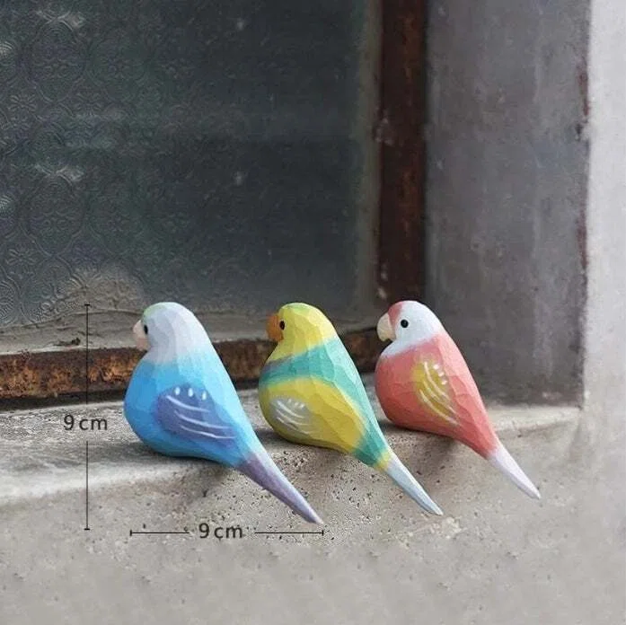 Carved Wooden Parakeet Figurine Object 3-Piece Set Nordic Style