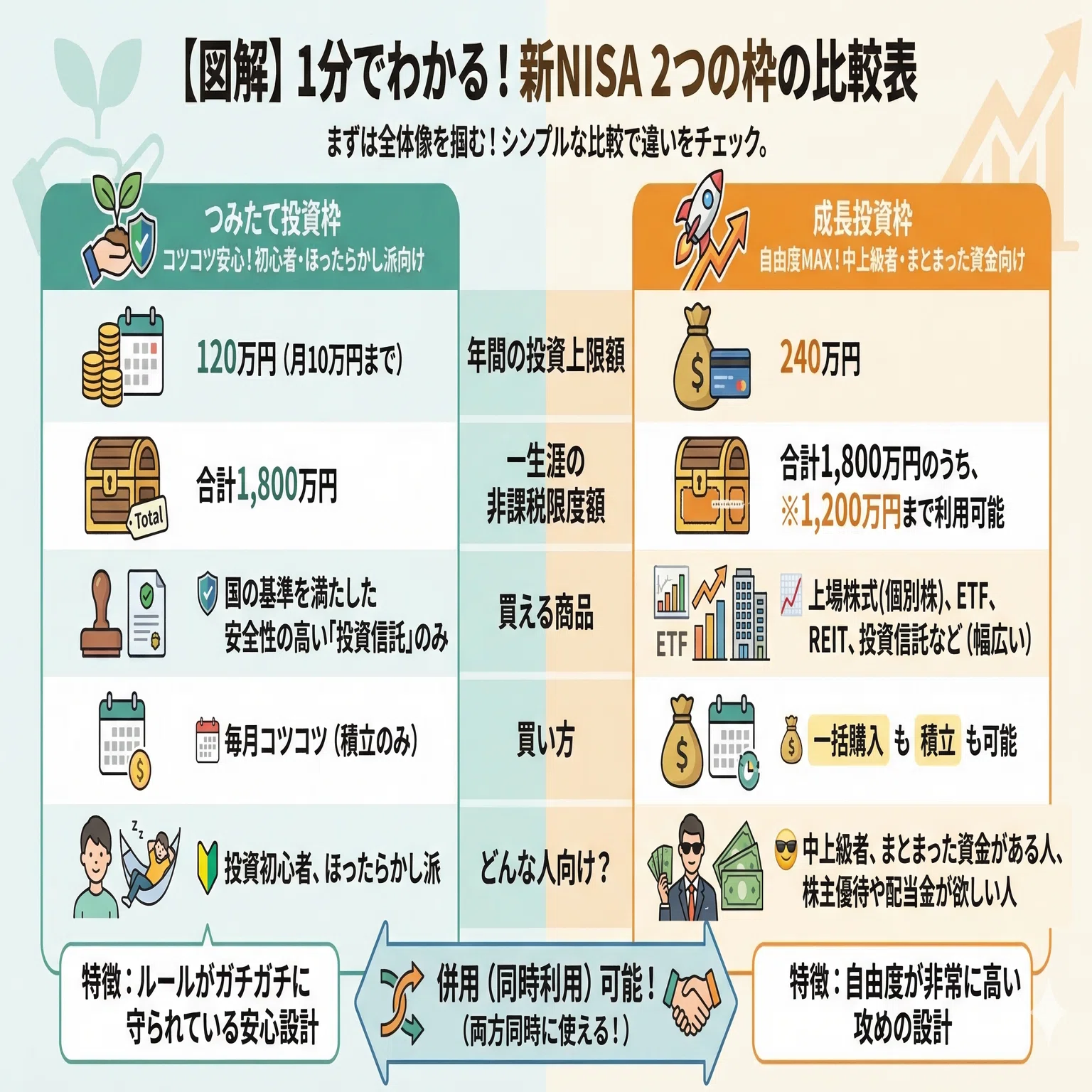 図解】新NISAの「つみたて投資枠」と「成長投資枠」の違いをわかり