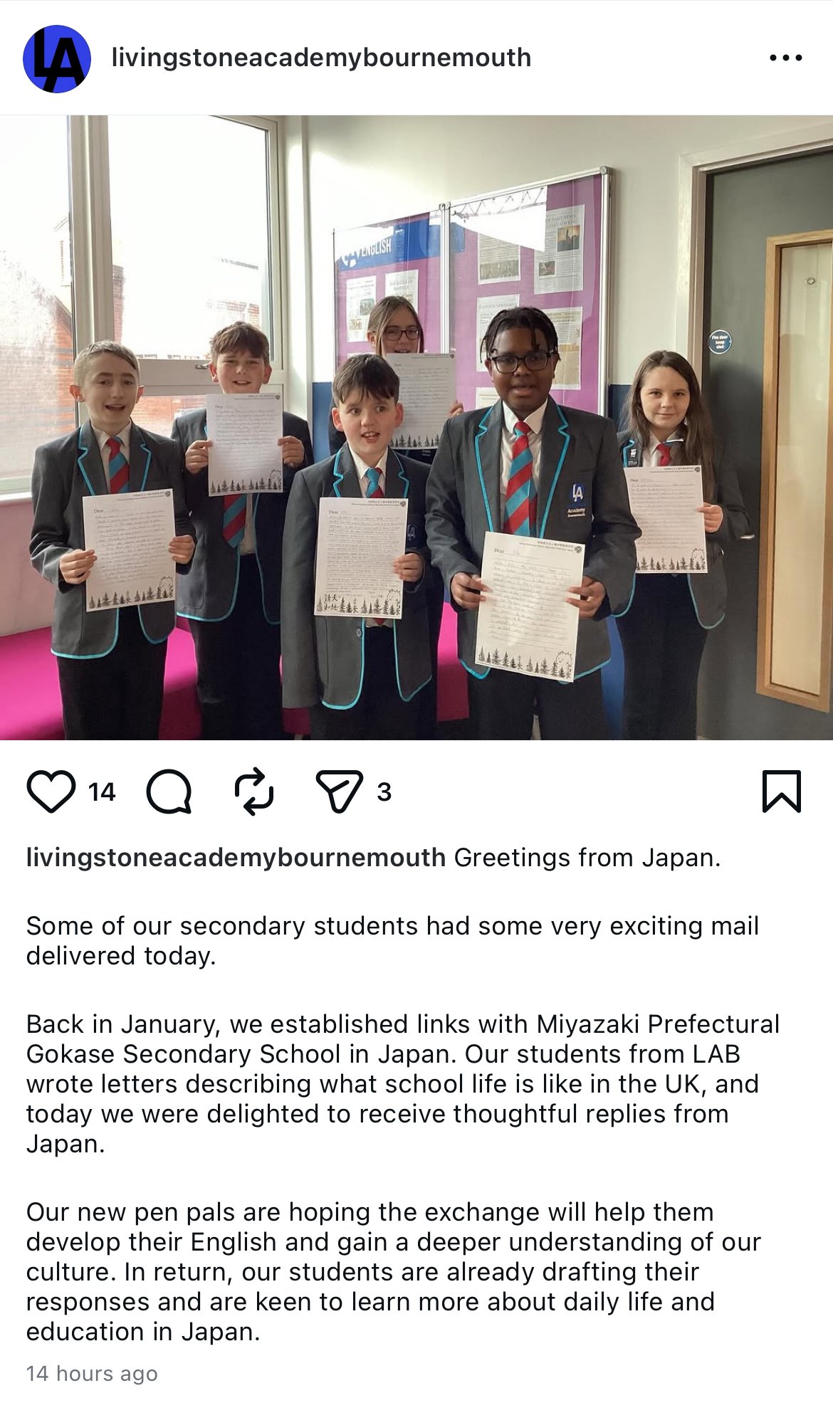 2年生、イギリスのLiving Sone Academyの中学生とペンパルに！ eyecatch