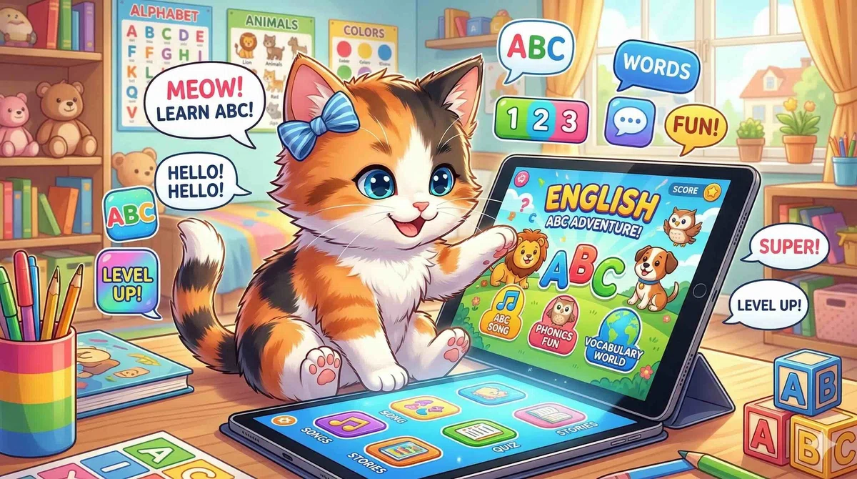 色々な英語アプリを楽しむインニャンコ