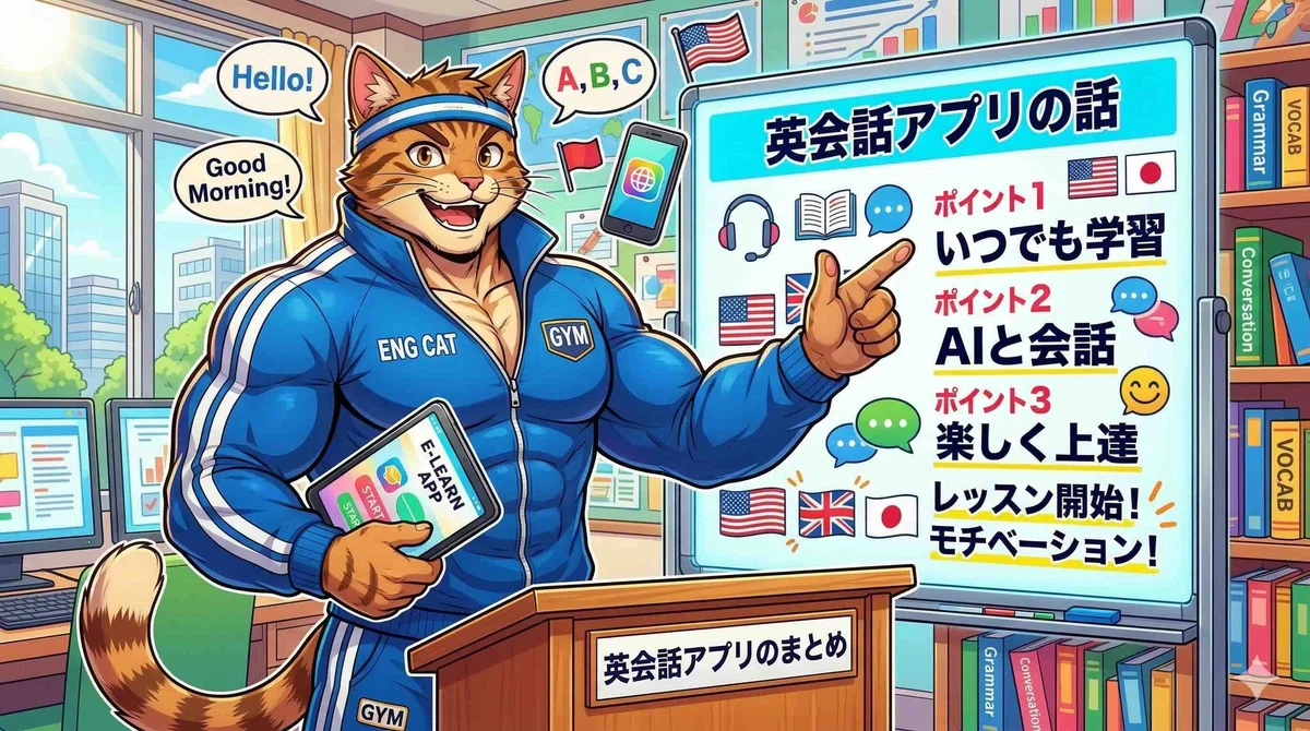 英会話アプリの話をまとめるインニャンコ