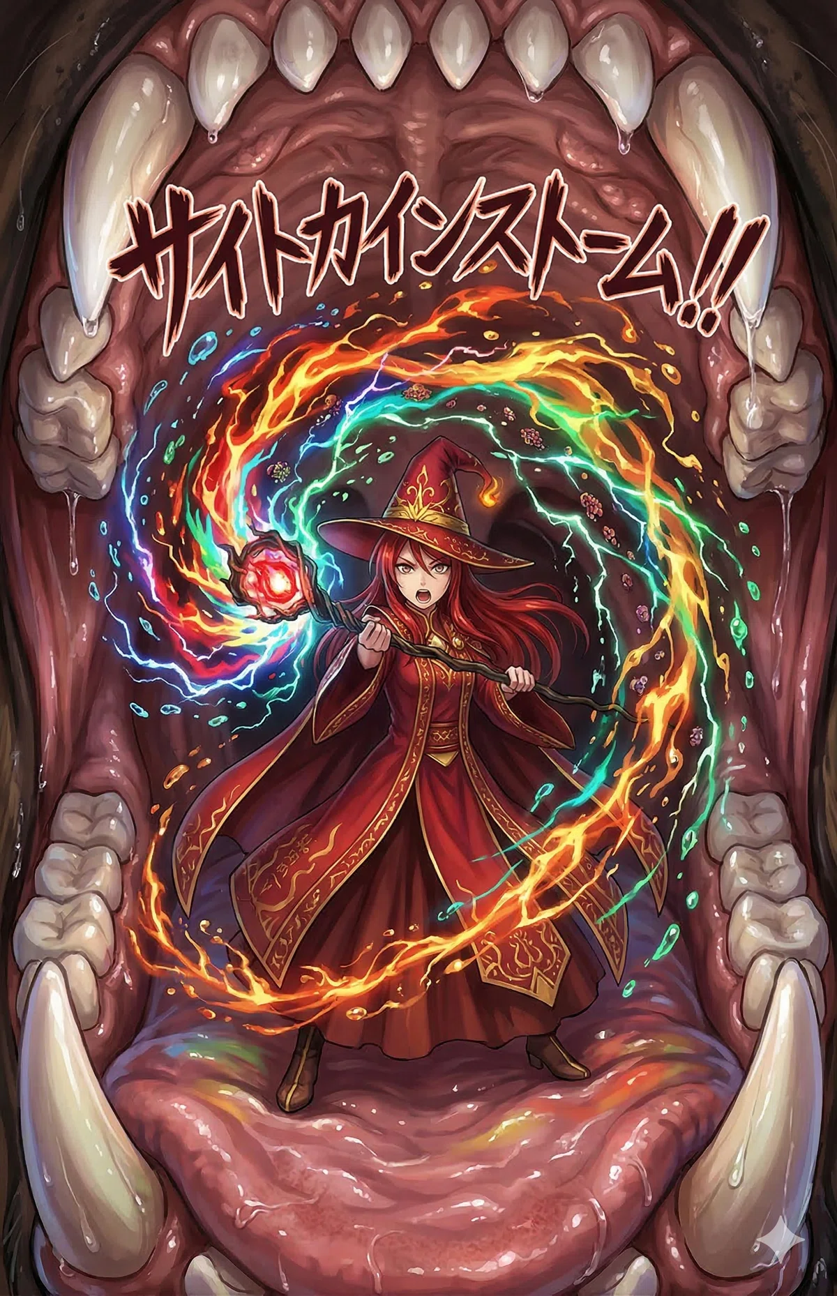 炎症性サイトカインを擬人化し、サイトカインストームを魔法のように表現して解説している画像