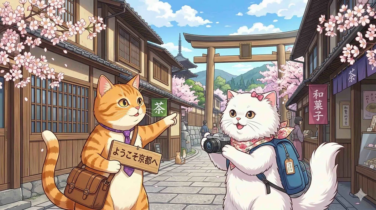 外国の猫に京都を案内するインニャンコ