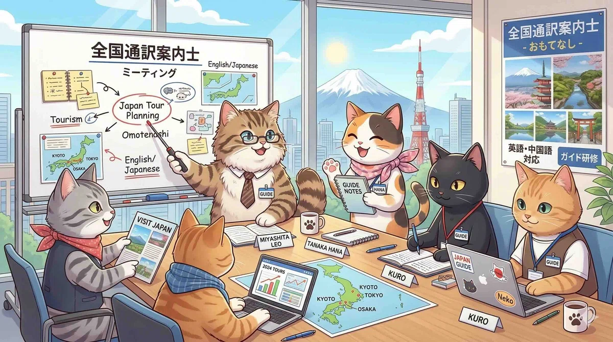 全国通訳案内士の仕事についてミーティングするネコたち