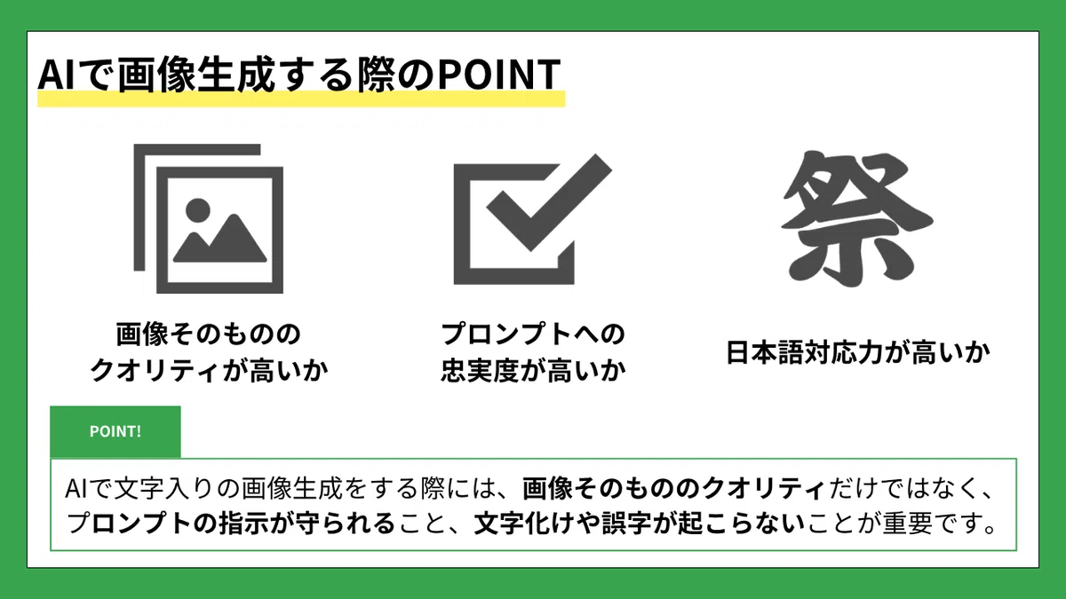 AIで画像生成する際のPOINT
画像そのもののクオリティが高いか
プロンプトへの忠実度が高いか
日本語対応力が高いか
POINT!

AIで文字入りの画像生成をする際には、
画像そのもののクオリティだけではなく、
プロンプトの指示が守られること、文字化けや誤字が起こらないことが重要です。