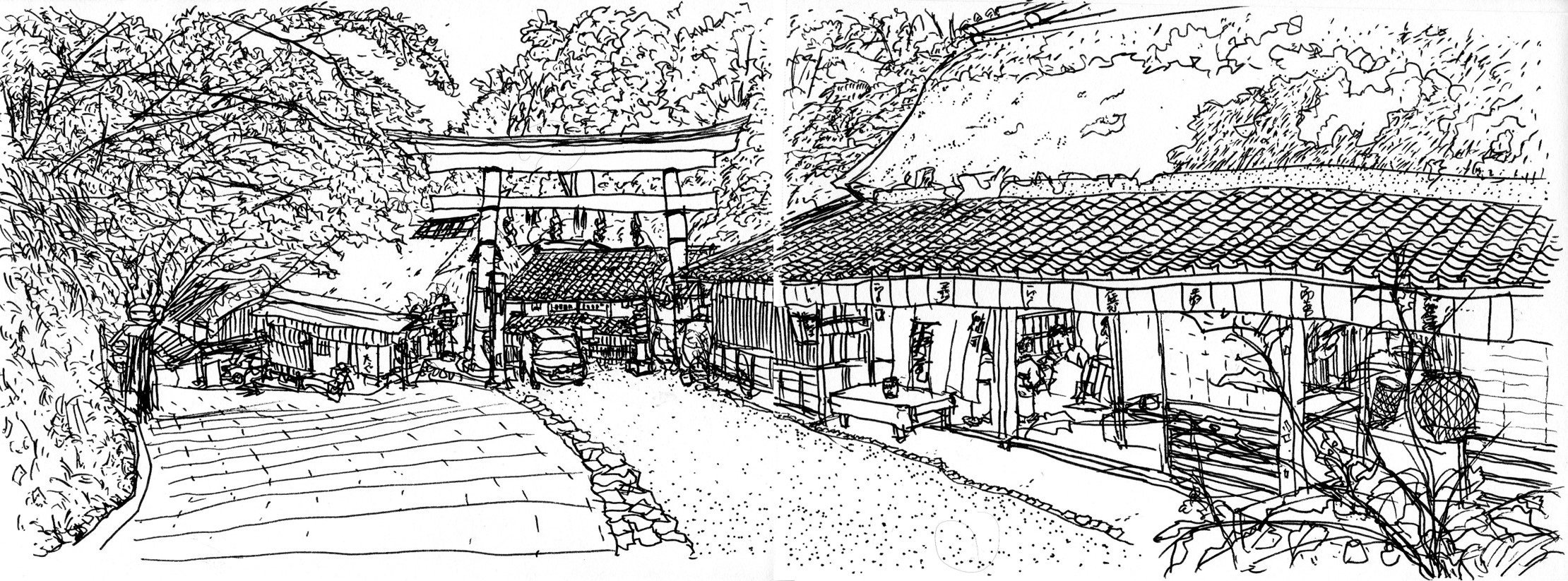ペン画集 嵯峨野百景 私のスケッチポイント／作品紹介あれこれ＞嵯峨野・鳥居本の茶屋のある