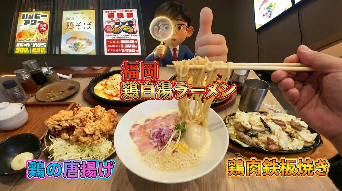 グルメ探偵出動!テーブルいっぱいに広がる福岡の隠れ家絶品鶏肉ディナー。ラーメン、鶏鉄板、唐揚げが一度に味わえる大満足のセットです!