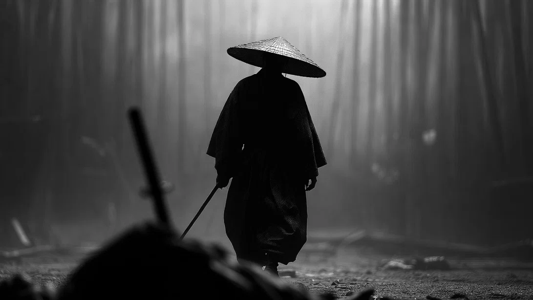 黒沢映画のようなモノクロでハイコントラストでシネマチックな画像。勝利をおさめ、静かに現場を去る笠をかぶった浪人。背景にはうっすらと竹藪が、手前には倒した相手と思わしき刀が突き立った影と地面に倒れた人物のような塊がある。「またつまらぬものを斬ってしまった」の視覚化。