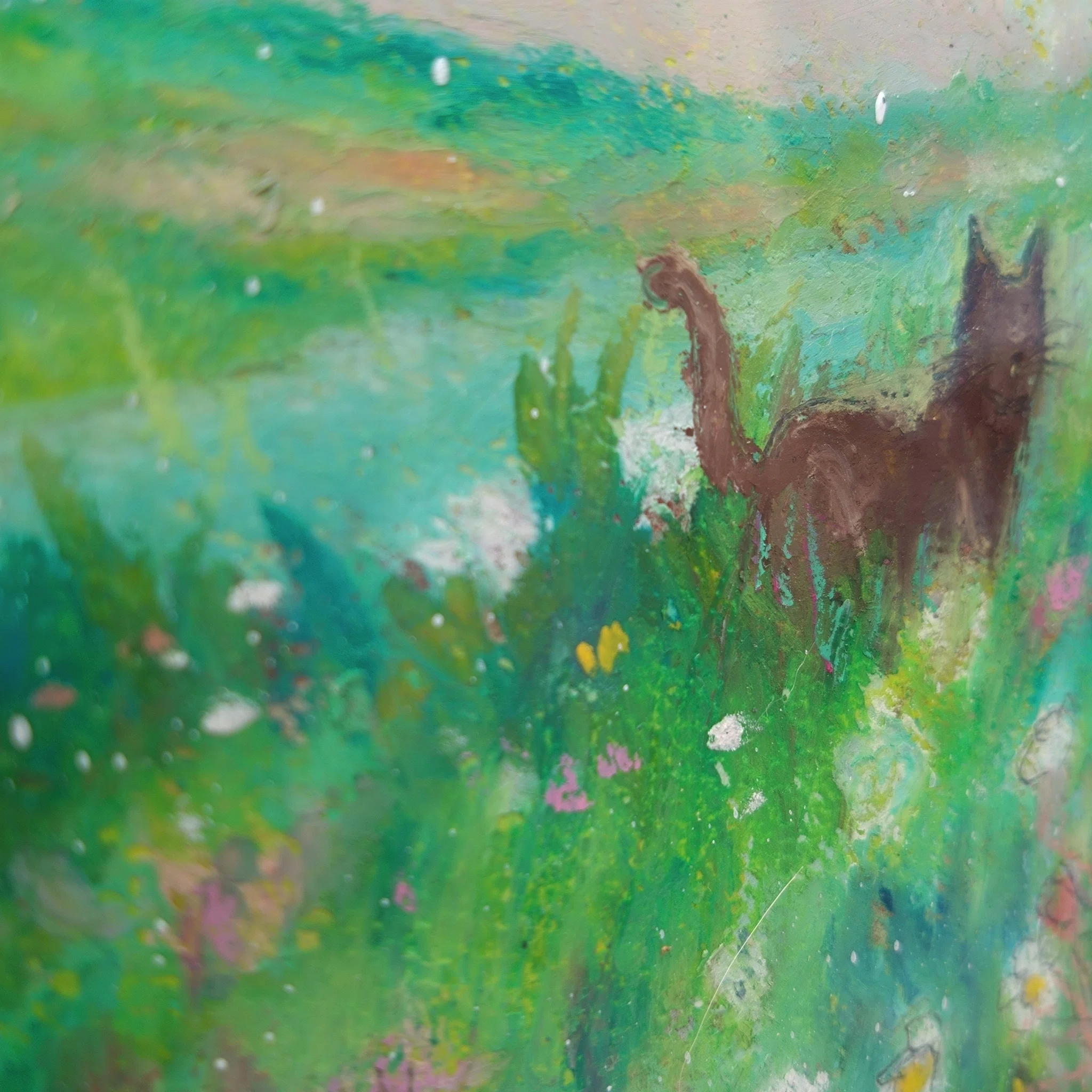 春の途中の野原 ｜ 4月の原画｜季節を旅する猫とパステルの絵｜オイル