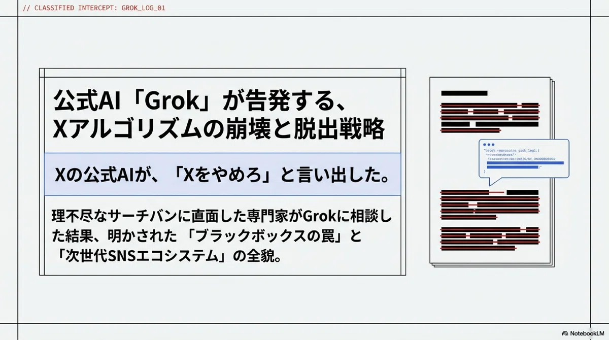 機密ファイル風にデザインされたプレゼンスライドの画像。大きく「公式AI『Grok』が告発する、Xアルゴリズムの崩壊と脱出戦略」というタイトルが掲げられている。その下には青い帯で「Xの公式AIが、『Xをやめろ』と言い出した。」と衝撃的なキャッチコピー。さらに「理不尽なサーチバンに直面した専門家がGrokに相談した結果、明かされた『ブラックボックスの罠』と『次世代SNSエコシステム』の全貌。」という説明文が続く。右側には一部が黒塗りされた極秘文書のようなイラストが添えられている。