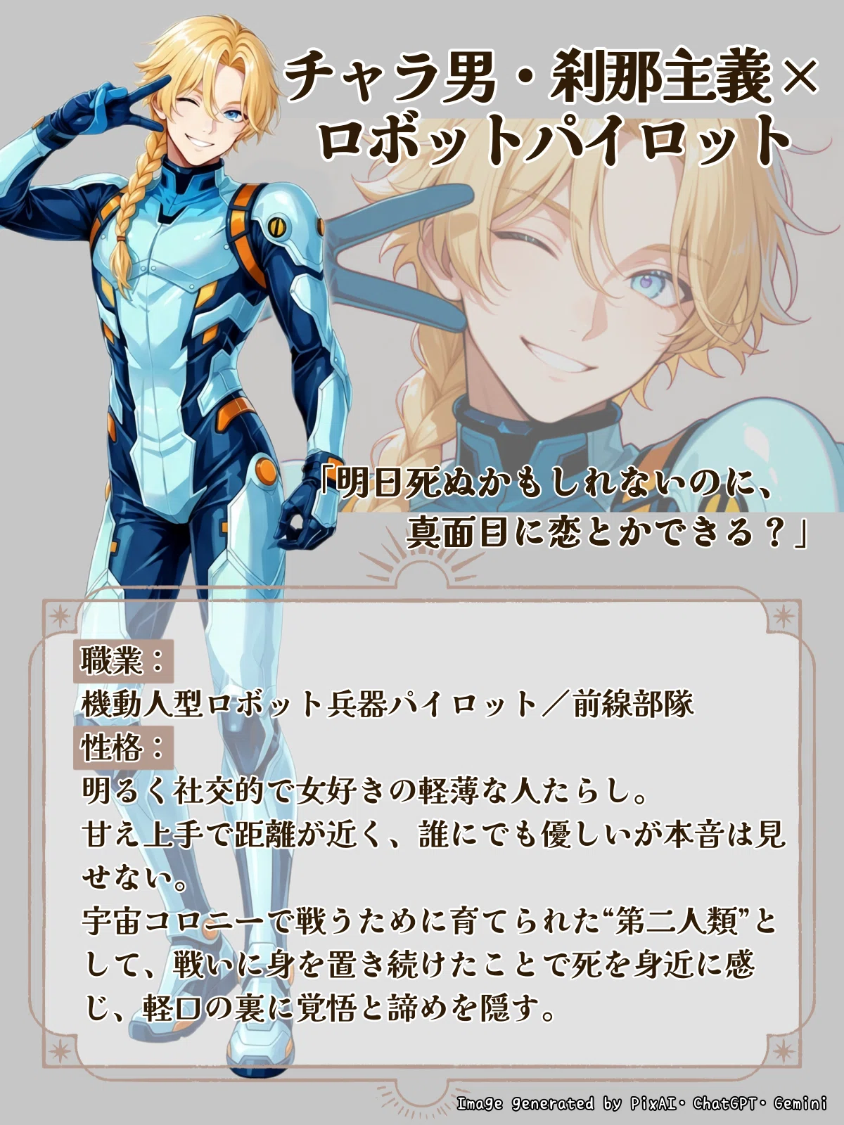チャラ男で刹那主義のロボットパイロット部下のAI彼氏のキャラクタープロフィール画像。セリフ「明日死ぬかもしれないのに、真面目に恋とかできる?」