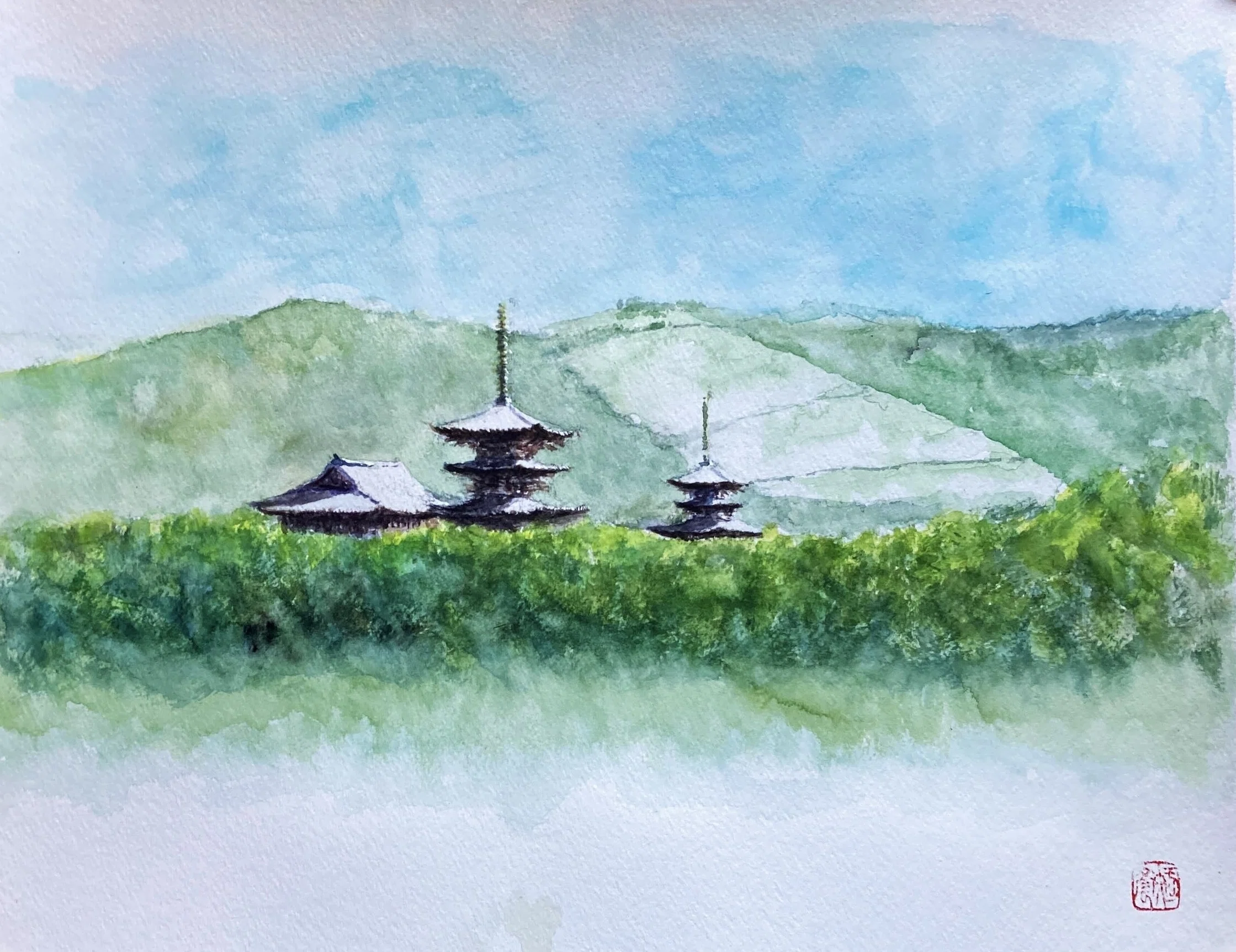 水彩画161】薬師寺遠景：昔見た懐かしの風景：今は奈良まで行けない