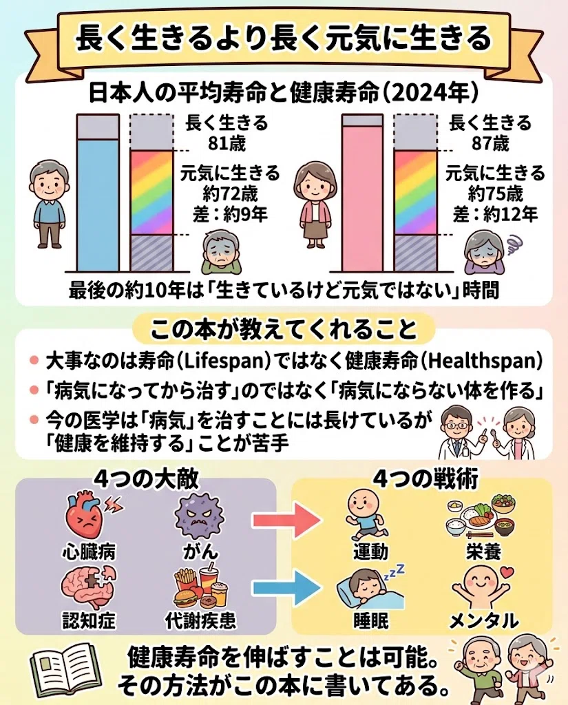 「長く生きる」より「長く元気に生きる」。日本人の平均寿命と健康寿命(2024年)。・男性の平均寿命:81歳 → 健康寿命:約72歳(差:約9年)。・女性の平均寿命:87歳 → 健康寿命:約75歳(差:約12年)。最後の約10年は「生きているけど元気ではない」時間。この本が教えてくれること。・大事なのは寿命(Lifespan)ではなく健康寿命(Healthspan)。・4つの大敵:心臓病・がん・認知症・代謝疾患。・4つの戦術:運動・栄養・睡眠・メンタル。・「病気になってから治す」のではなく「病気にならない体を作る」。・今の医学は「病気」を治すことには長けているが「健康を維持する」ことが苦手。健康寿命を伸ばすことは可能。その方法がこの本に書いてある。。】の中身だけです。それ以外の日本語の指示文は絶対に画像に入れないでください。また【