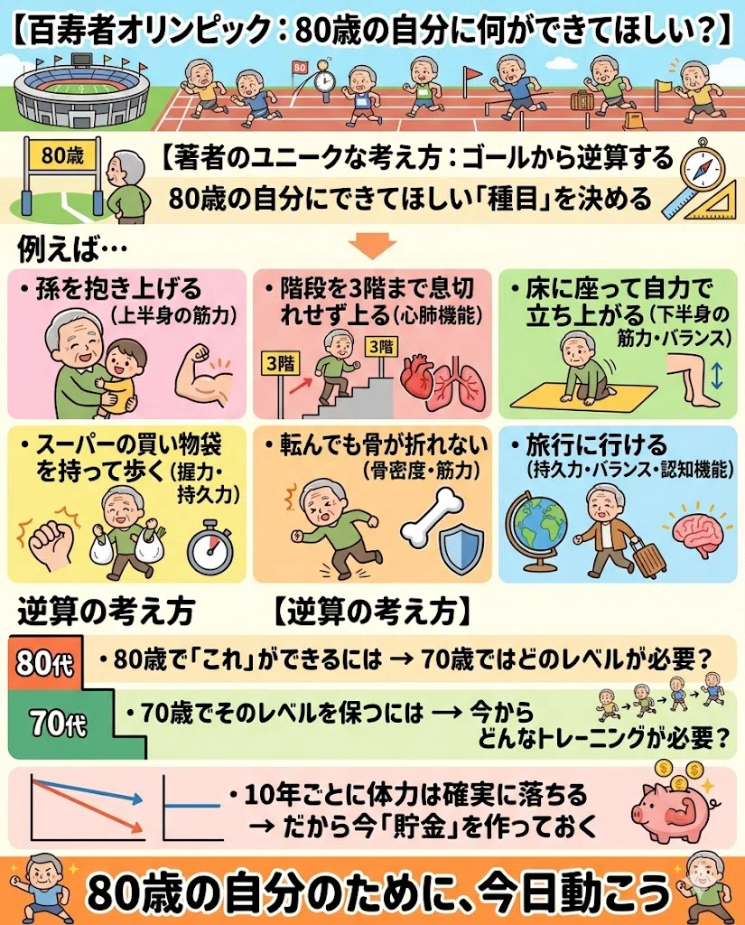 百寿者オリンピック:80歳の自分に何ができてほしい?。著者のユニークな考え方:ゴールから逆算する。80歳の自分にできてほしい「種目」を決める。例えば…。・孫を抱き上げる(上半身の筋力)。・階段を3階まで息切れせず上る(心肺機能)。・床に座って自力で立ち上がる(下半身の筋力・バランス)。・スーパーの買い物袋を持って歩く(握力・持久力)。・転んでも骨が折れない(骨密度・筋力)。・旅行に行ける(持久力・バランス・認知機能)。逆算の考え方。・80歳で「これ」ができるには → 70歳ではどのレベルが必要?。・70歳でそのレベルを保つには → 今からどんなトレーニングが必要?。・10年ごとに体力は確実に落ちる → だから今「貯金」を作っておく。80歳の自分のために、今日動こう