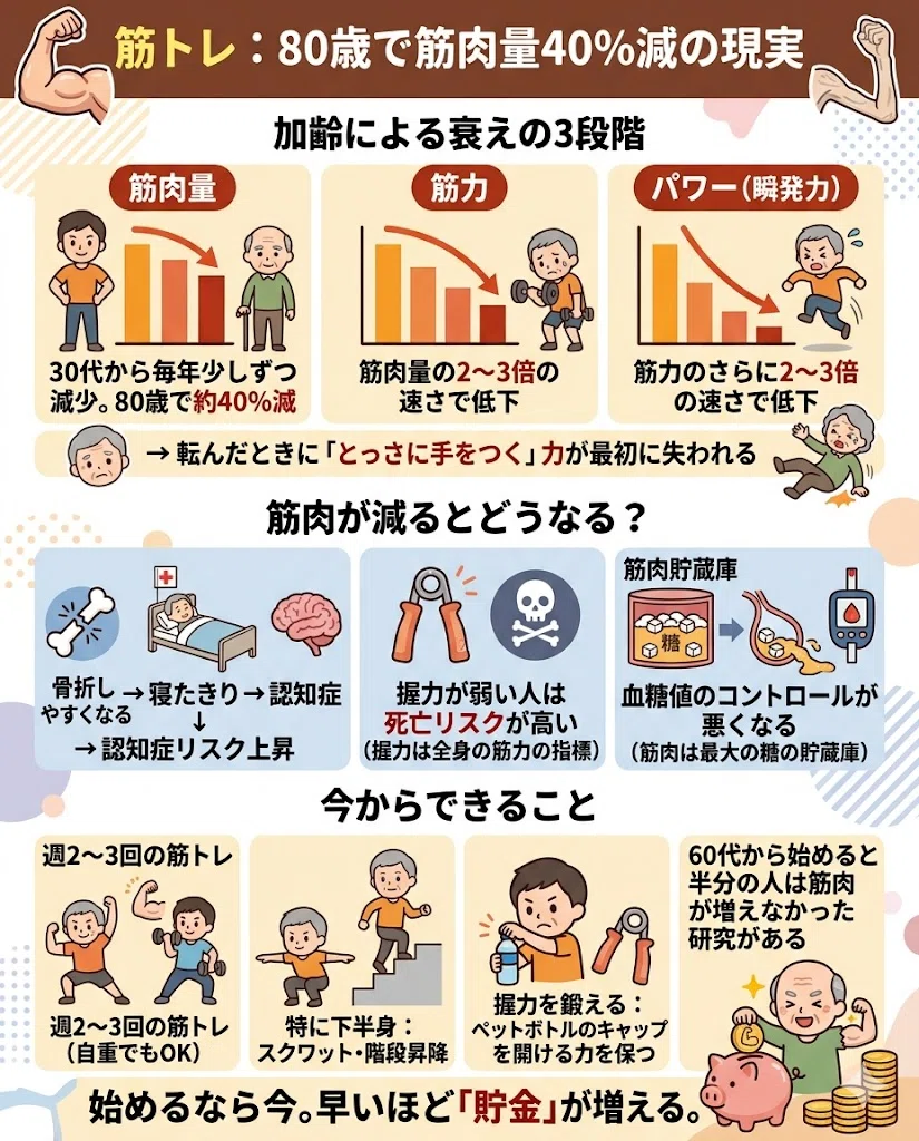 筋トレ:80歳で筋肉量40%減の現実。加齢による衰えの3段階。・筋肉量:30代から毎年少しずつ減少。80歳で約40%減。・筋力:筋肉量の2〜3倍の速さで低下。・パワー(瞬発力):筋力のさらに2〜3倍の速さで低下。→ 転んだときに「とっさに手をつく」力が最初に失われる。筋肉が減るとどうなる?。・骨折しやすくなる → 寝たきり → 認知症リスク上昇。・握力が弱い人は死亡リスクが高い(握力は全身の筋力の指標)。・血糖値のコントロールが悪くなる(筋肉は最大の糖の貯蔵庫)。今からできること。・週2〜3回の筋トレ(自重でもOK)。・特に下半身:スクワット・階段昇降。・握力を鍛える:ペットボトルのキャップを開ける力を保つ。・60代から始めると半分の人は筋肉が増えなかった研究がある。始めるなら今。早いほど「貯金」が増える。