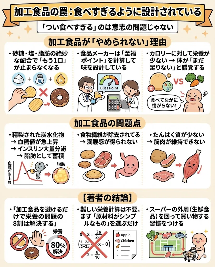 加工食品の罠:食べすぎるように設計されている。「つい食べすぎる」のは意志の問題じゃない。加工食品が「やめられない」理由。・砂糖・塩・脂肪の絶妙な配合で「もう1口」が止まらなくなる。・食品メーカーは「至福ポイント」を計算して味を設計している。・カロリーに対して栄養が少ない → 体が「まだ足りない」と錯覚する。加工食品の問題点。・精製された炭水化物 → 血糖値が急上昇 → インスリン大量分泌 → 脂肪として蓄積。・食物繊維が除去されている → 満腹感が得られない。・たんぱく質が少ない → 筋肉が維持できない。著者の結論。・「加工食品を避けるだけで栄養の問題の8割は解決する」。・難しい栄養計算は不要。まず「原材料がシンプルなもの」を選ぶだけ。・スーパーの外周(生鮮食品)を回って買い物する習慣をつける
