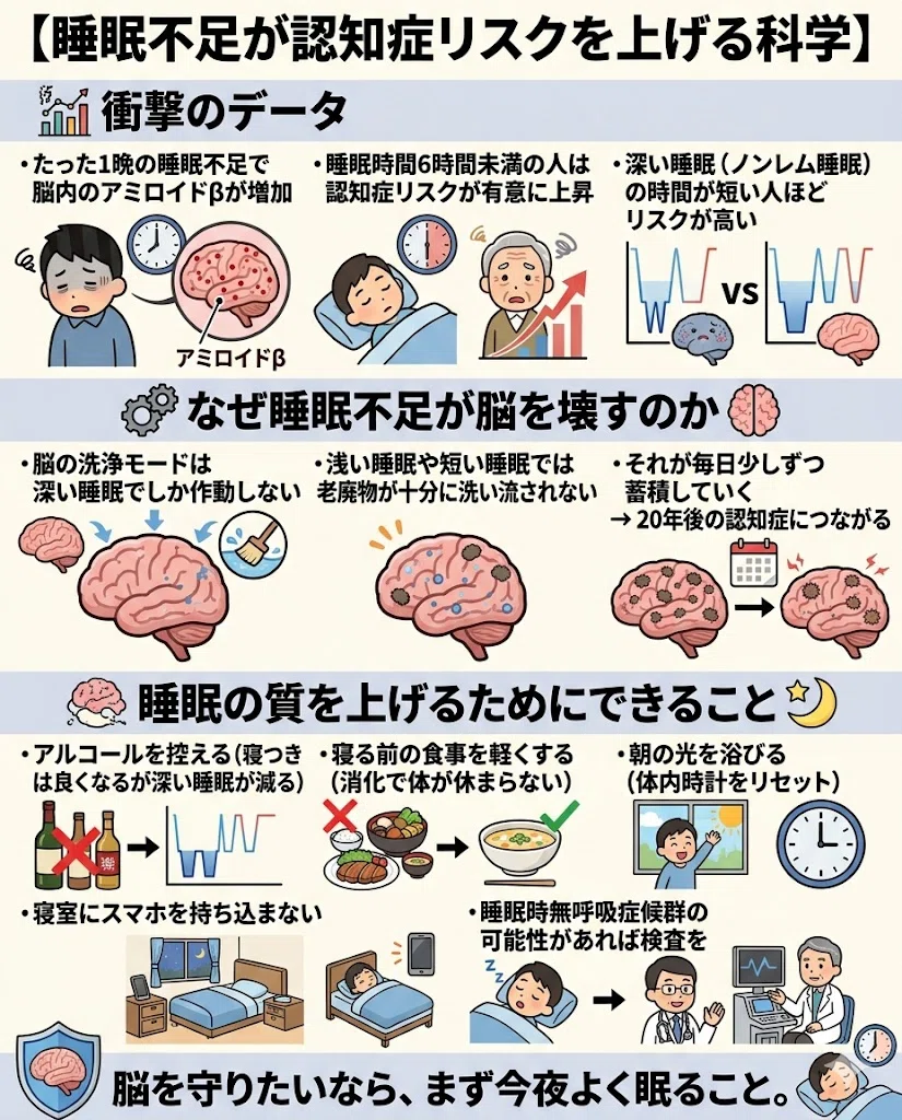 睡眠不足が認知症リスクを上げる科学。衝撃のデータ。・たった1晩の睡眠不足で脳内のアミロイドβが増加。・睡眠時間6時間未満の人は認知症リスクが有意に上昇。・深い睡眠(ノンレム睡眠)の時間が短い人ほどリスクが高い。なぜ睡眠不足が脳を壊すのか。・脳の洗浄モードは深い睡眠でしか作動しない。・浅い睡眠や短い睡眠では老廃物が十分に洗い流されない。・それが毎日少しずつ蓄積していく → 20年後の認知症につながる。睡眠の質を上げるためにできること。・アルコールを控える(寝つきは良くなるが深い睡眠が減る)。・寝る前の食事を軽くする(消化で体が休まらない)。・朝の光を浴びる(体内時計をリセット)。・寝室にスマホを持ち込まない。・睡眠時無呼吸症候群の可能性があれば検査を。脳を守りたいなら、まず今夜よく眠ること。