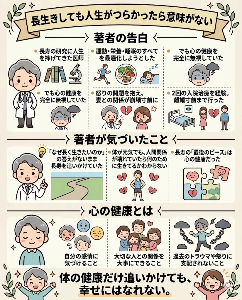 長生きしても人生がつらかったら意味がない。著者の告白。・長寿の研究に人生を捧げてきた医師。・運動・栄養・睡眠のすべてを最適化しようとした。・でも心の健康を完全に無視していた。・怒りの問題を抱え、妻との関係が崩壊寸前に。・2回の入院治療を経験。離婚寸前まで行った。著者が気づいたこと。・「なぜ長く生きたいのか」の答えがないまま長寿を追いかけていた。・体が元気でも、人間関係が壊れていたら何のために生きてるかわからない。・長寿の「最後のピース」は心の健康だった。心の健康とは。・自分の感情に気づけること。・大切な人との関係を大事にできること。・過去のトラウマや怒りに支配されないこと。体の健康だけ追いかけても、幸せにはなれない。