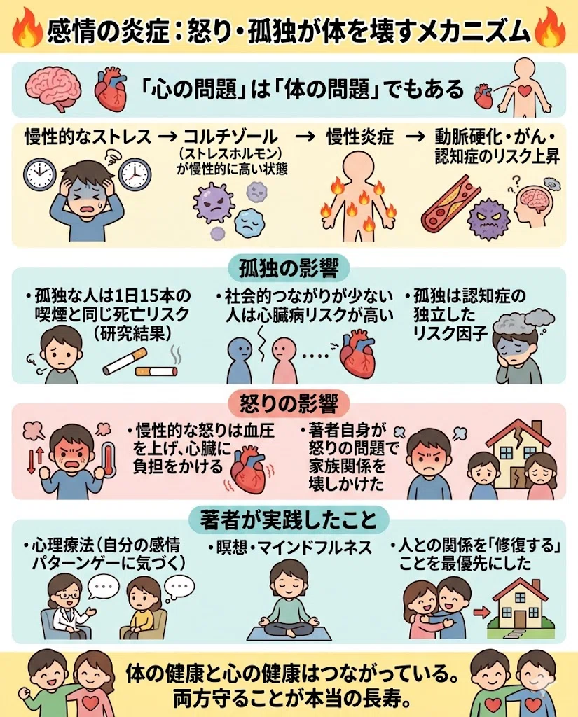感情の炎症:怒り・孤独が体を壊すメカニズム。「心の問題」は「体の問題」でもある。慢性的なストレス → コルチゾール(ストレスホルモン)が慢性的に高い状態。→ 免疫機能の低下 → 慢性炎症 → 動脈硬化・がん・認知症のリスク上昇。孤独の影響。・孤独な人は1日15本の喫煙と同じ死亡リスク(研究結果)。・社会的つながりが少ない人は心臓病リスクが高い。・孤独は認知症の独立したリスク因子。怒りの影響。・慢性的な怒りは血圧を上げ、心臓に負担をかける。・著者自身が怒りの問題で家族関係を壊しかけた。著者が実践したこと。・心理療法(自分の感情パターンに気づく)。・瞑想・マインドフルネス。・人との関係を「修復する」ことを最優先にした。体の健康と心の健康はつながっている。両方守ることが本当の長寿。