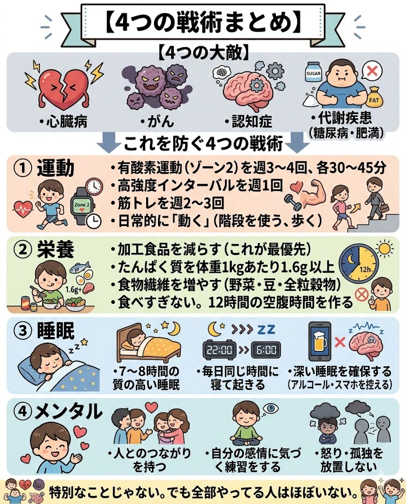 4つの戦術まとめ。4つの大敵。・心臓病 ・がん ・認知症 ・代謝疾患(糖尿病・肥満)。これを防ぐ4つの戦術。① 運動。・有酸素運動(ゾーン2)を週3〜4回、各30〜45分。・高強度インターバルを週1回。・筋トレを週2〜3回。・日常的に「動く」(階段を使う、歩く)。② 栄養。・加工食品を減らす(これが最優先)。・たんぱく質を体重1kgあたり1.6g以上。・食物繊維を増やす(野菜・豆・全粒穀物)。・食べすぎない。12時間の空腹時間を作る。③ 睡眠。・7〜8時間の質の高い睡眠。・毎日同じ時間に寝て起きる。・深い睡眠を確保する(アルコール・スマホを控える)。④ メンタル。・人とのつながりを持つ。・自分の感情に気づく練習をする。・怒り・孤独を放置しない。特別なことじゃない。でも全部やってる人はほぼいない。