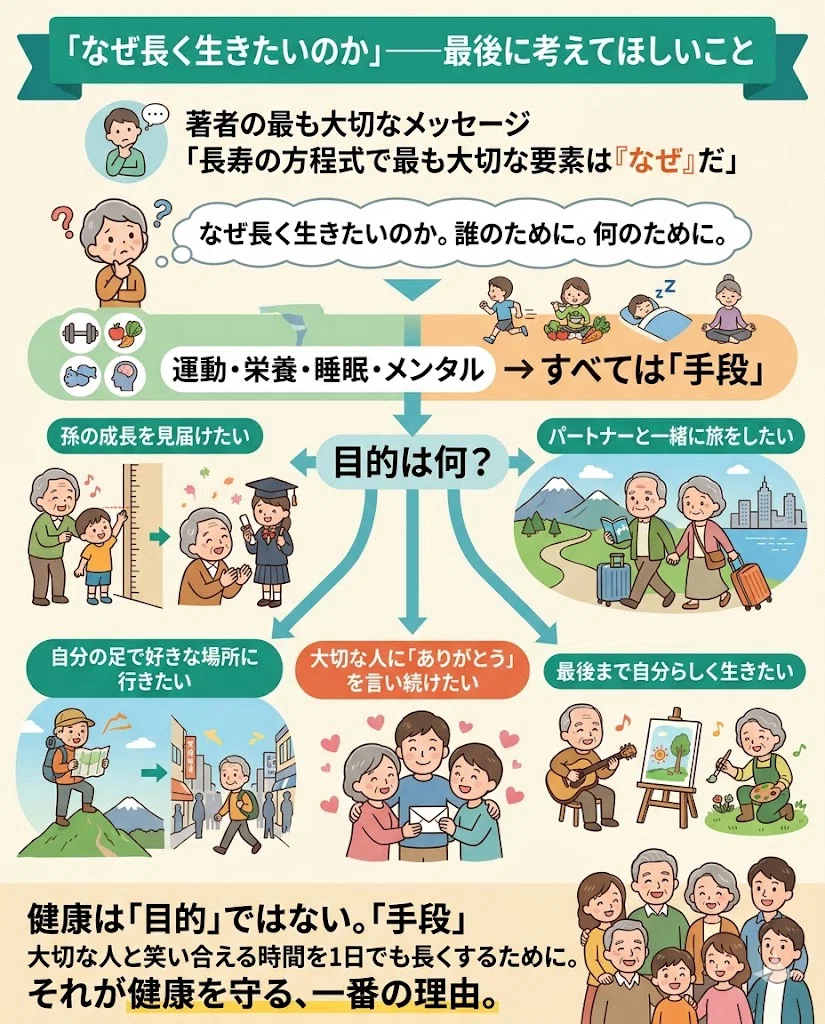 「なぜ長く生きたいのか」——最後に考えてほしいこと。著者の最も大切なメッセージ。「長寿の方程式で最も大切な要素は『なぜ』だ」。なぜ長く生きたいのか。誰のために。何のために。運動・栄養・睡眠・メンタル → すべては「手段」。目的は何?。・孫の成長を見届けたい。・パートナーと一緒に旅をしたい。・自分の足で好きな場所に行きたい。・大切な人に「ありがとう」を言い続けたい。・最後まで自分らしく生きたい。健康は「目的」ではない。「手段」。大切な人と笑い合える時間を1日でも長くするために。それが健康を守る、一番の理由。
