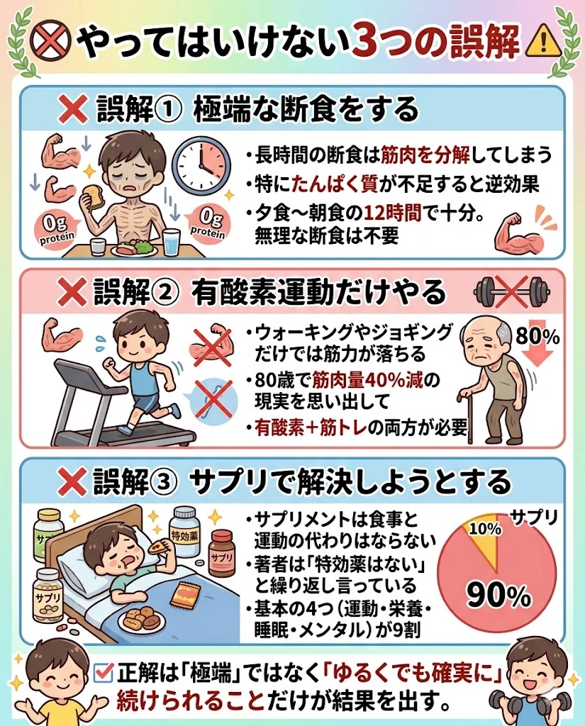 やってはいけない3つの誤解。❌ 誤解① 極端な断食をする。・長時間の断食は筋肉を分解してしまう。・特にたんぱく質が不足すると逆効果。・夕食〜朝食の12時間で十分。無理な断食は不要。❌ 誤解② 有酸素運動だけやる。・ウォーキングやジョギングだけでは筋力が落ちる。・80歳で筋肉量40%減の現実を思い出して。・有酸素+筋トレの両方が必要。❌ 誤解③ サプリで解決しようとする。・サプリメントは食事と運動の代わりにはならない。・著者は「特効薬はない」と繰り返し言っている。・基本の4つ(運動・栄養・睡眠・メンタル)が9割。正解は「極端」ではなく「ゆるく、でも確実に」。続けられることだけが結果を出す。