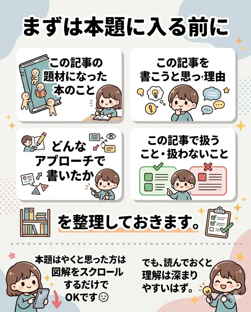 はじめに
まずは本題に入る前に
・この記事の題材になった本のこと
・この記事を書こうと思った理由
・どんなアプローチで書いたか
・この記事で扱うこと・扱わないこと
を整理しておきます。
「本題はやく」と思った方は、ここから先は図解をスクロールするだけでOKです☺️
…でも、読んでおくとこの記事の理解は深まりやすいはず。
