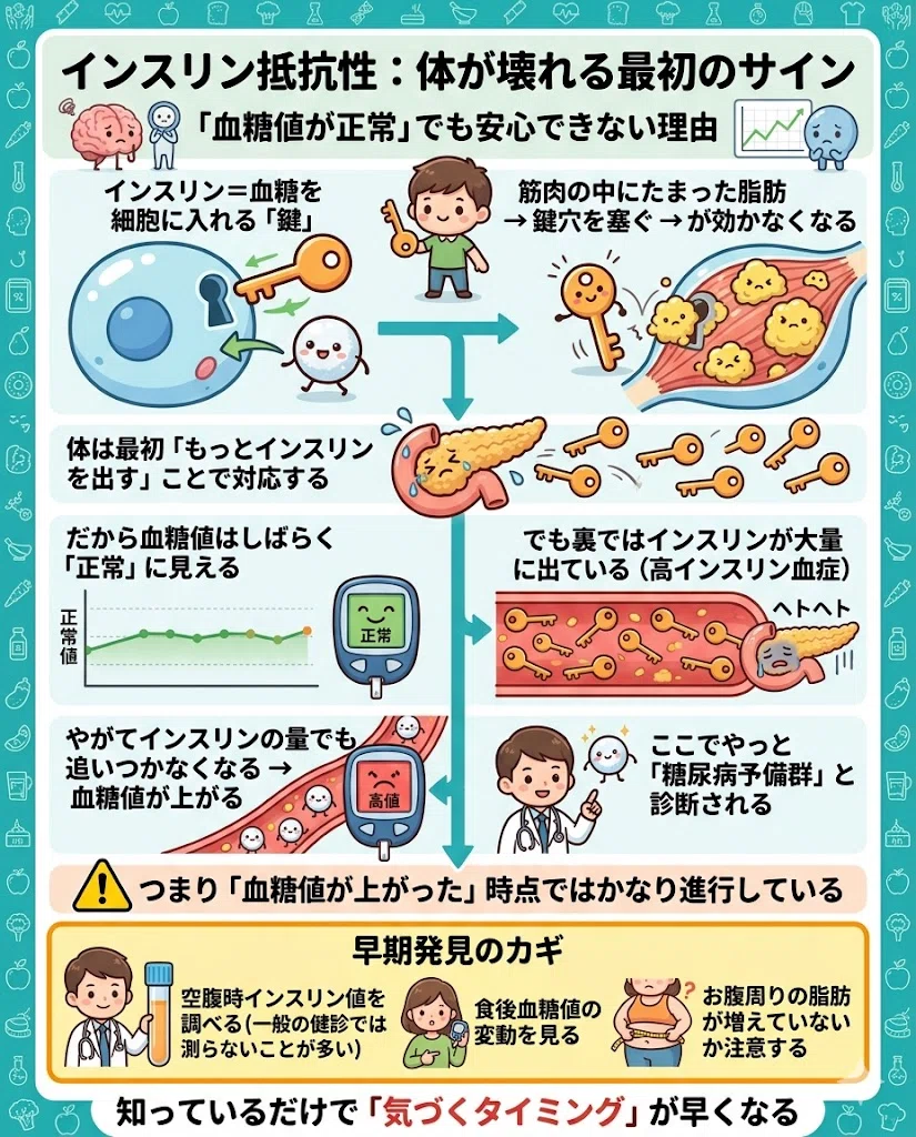 インスリン抵抗性:体が壊れる最初のサイン。「血糖値が正常」でも安心できない理由。インスリン=血糖を細胞に入れる「鍵」。筋肉の中にたまった脂肪 → 鍵穴を塞ぐ → インスリンが効かなくなる。体は最初「もっとインスリンを出す」ことで対応する。→ だから血糖値はしばらく「正常」に見える。→ でも裏ではインスリンが大量に出ている(高インスリン血症)。→ やがてインスリンの量でも追いつかなくなる → 血糖値が上がる。→ ここでやっと「糖尿病予備群」と診断される。つまり「血糖値が上がった」時点ではかなり進行している。早期発見のカギ。・空腹時インスリン値を調べる(一般の健診では測らないことが多い)。・食後血糖値の変動を見る。・お腹周りの脂肪が増えていないか注意する。知っているだけで「気づくタイミング」が早くなる