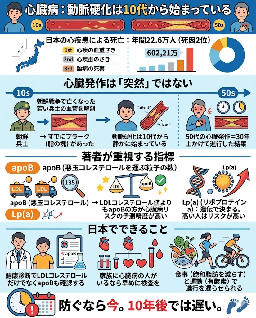 心臓病:動脈硬化は10代から始まっている。日本の心疾患による死亡:年間22.6万人(死因2位)。心臓発作は「突然」ではない。・朝鮮戦争で亡くなった若い兵士の血管を解剖 → すでにプラーク(脂の塊)があった。・動脈硬化は10代から静かに始まっている。・50代の心臓発作=30年以上かけて進行した結果。著者が重視する指標。・apoB(悪玉コレステロールを運ぶ粒子の数)。→ LDLコレステロール値よりもapoBの方が心臓病リスクの予測精度が高い。・Lp(a)(リポプロテインa):遺伝で決まる。高い人はリスクが高い。日本でできること。・健康診断でLDLコレステロールだけでなくapoBも確認する。・家族に心臓病の人がいるなら早めに検査を。・食事(飽和脂肪を減らす)と運動(有酸素)で進行を遅らせられる。防ぐなら今。10年後では遅い。