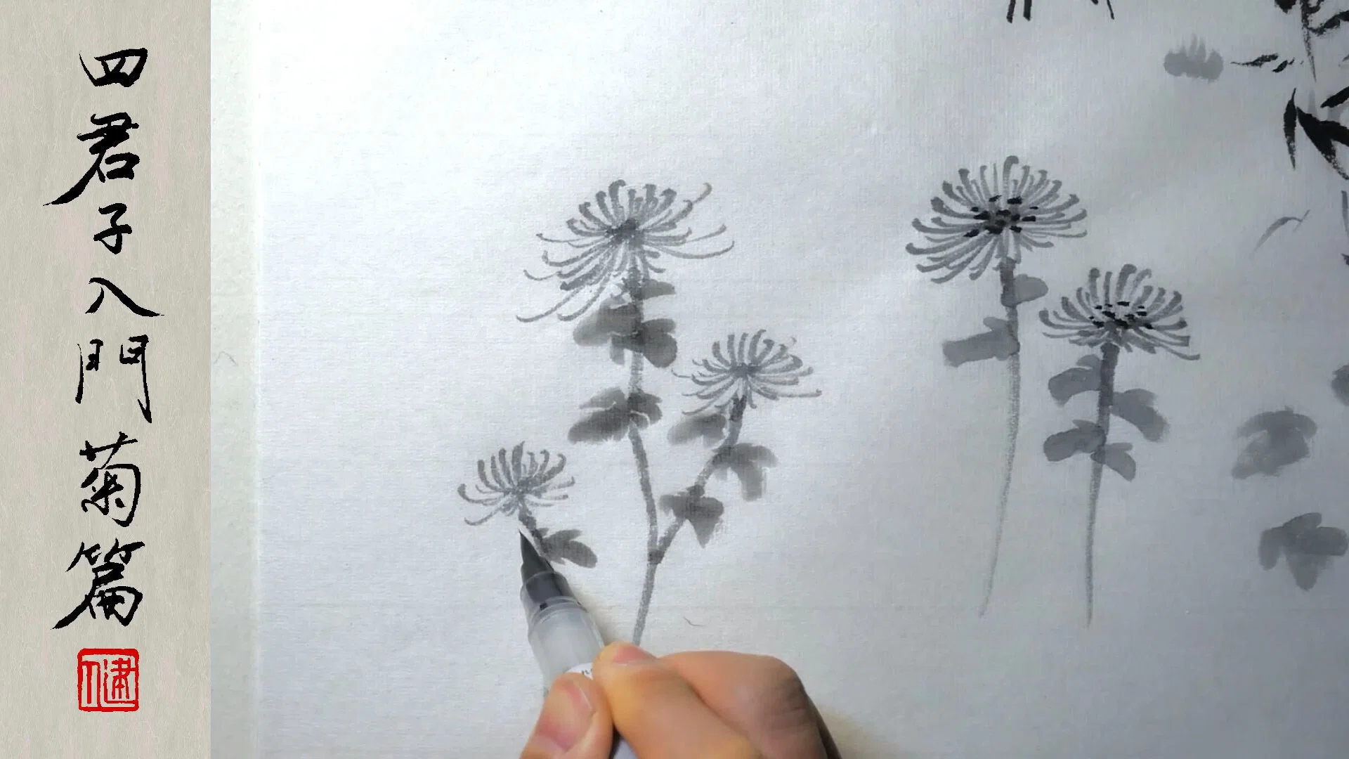 筆ペンで描く四君子】菊の墨絵 描き方デモ（録画・BGM付き）｜書画の