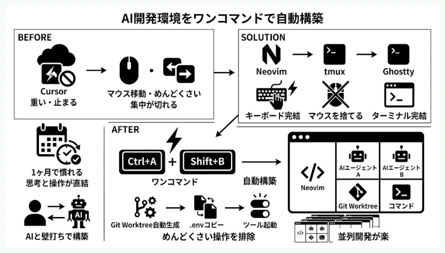 Cursorが重くて開発が止まった。めんどくさがり屋がたどり着いたワン